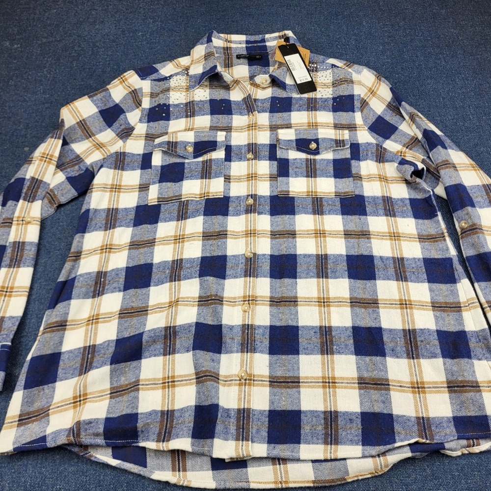Sabrina Lauren New York Blue Plaid Rhinestone Flannel Shirt Womens Large NWT